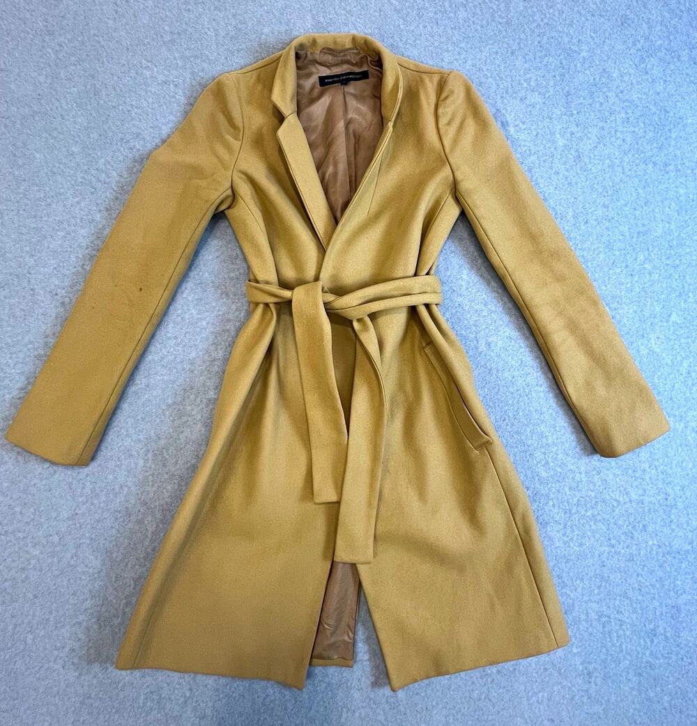 French Connection Women’s Beige Belted Overcoat Lined Pockets Tie Sz 0
